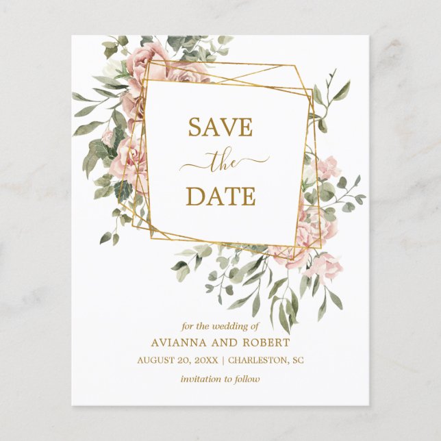Budget Dusty Pink Floral Geometric Save the Date (Front)