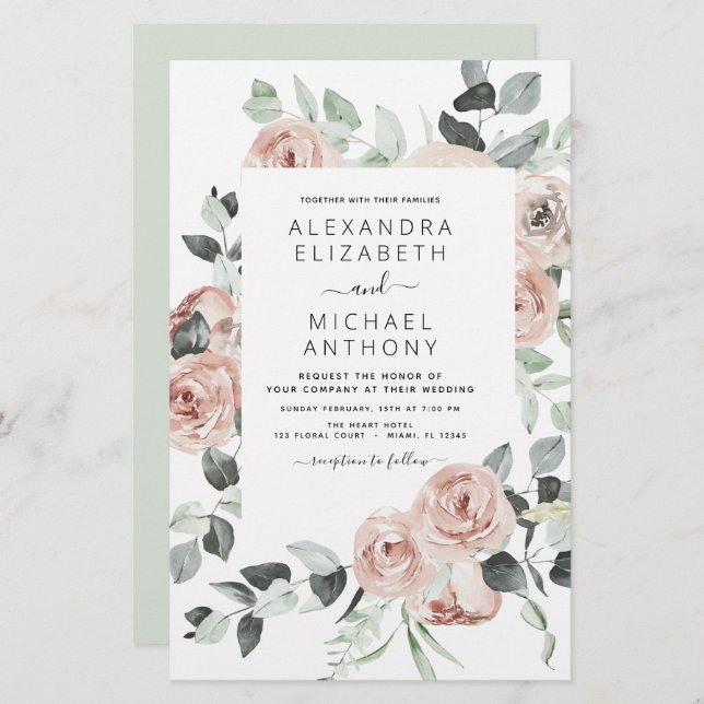 Budget Dusty Pink Floral Wedding Invitation (Front/Back)
