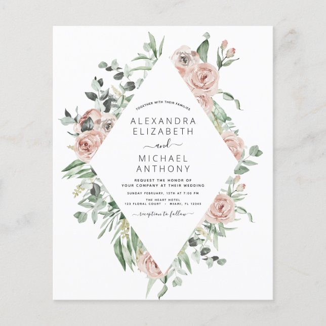 Budget Dusty Pink Floral Wedding Invitation Flyer (Front)