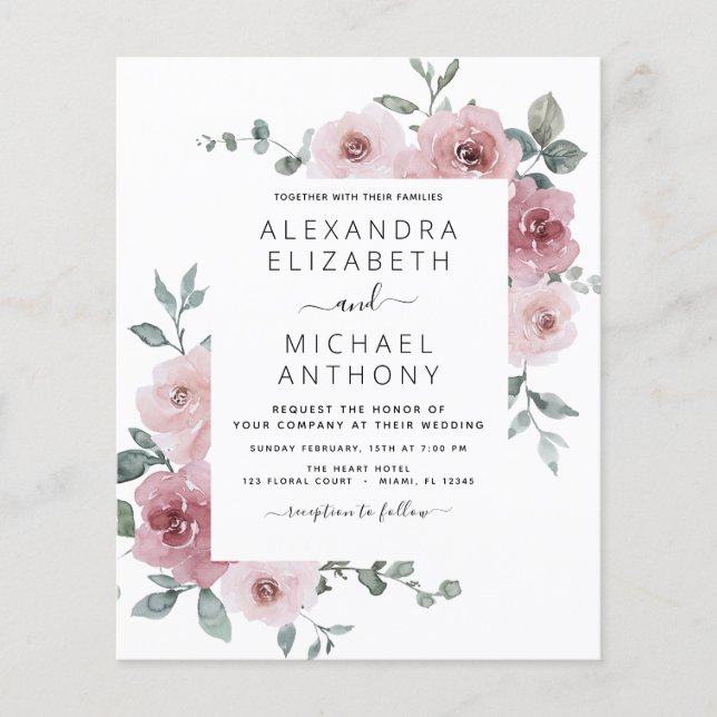 Budget Dusty Pink Floral Wedding Invitation Flyer (Front)