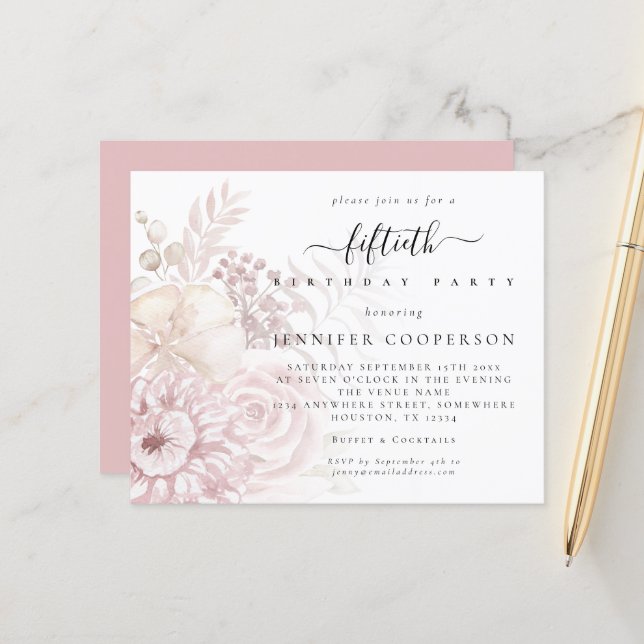Budget Dusty Pink Florals Female 50th Party Invite (Front/Back In Situ)