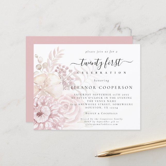 Budget Dusty Pink Florals Girly 21st Party Invite (Front/Back In Situ)