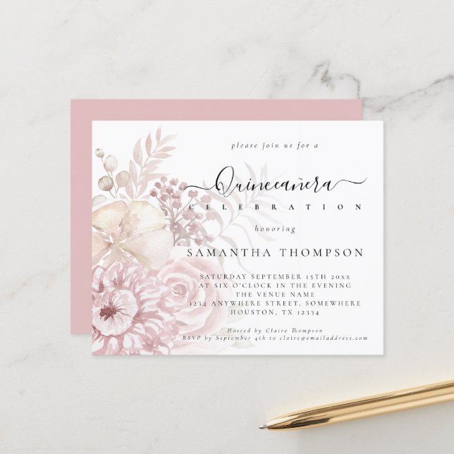 Budget Dusty Pink Florals Quinceañera Invitation (Front/Back In Situ)