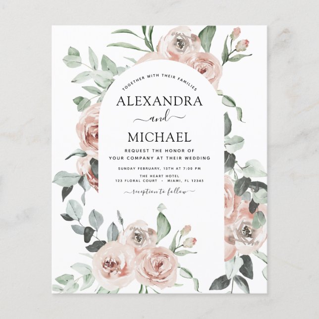 Budget Dusty Pink Greenery Wedding Invitations Flyer (Front)