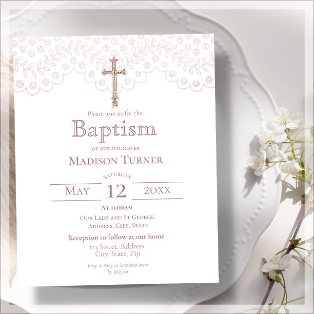 Budget Dusty Pink Lace Baptism Invitation (Creator Uploaded)
