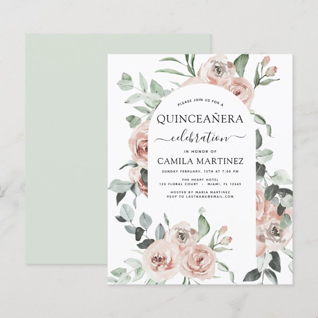 Budget Dusty Pink Quinceañera Floral Invitation (Front/Back)