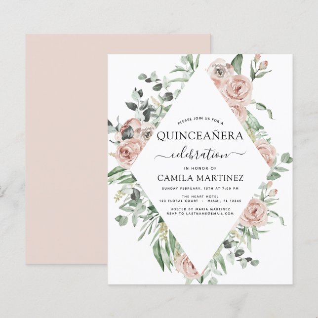 Budget Dusty Pink Quinceañera Floral Invitation (Front/Back)