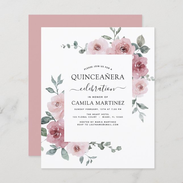 Budget Dusty Pink Quinceañera Floral Invitation (Front/Back)