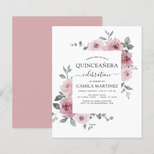 Budget Dusty Pink Quinceañera Floral Invitation (Front/Back)