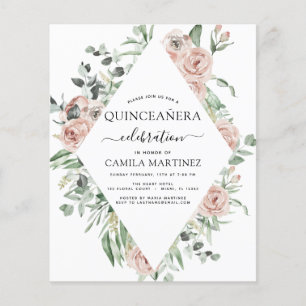 Budget Dusty Pink Quinceañera Floral Invitation Flyer