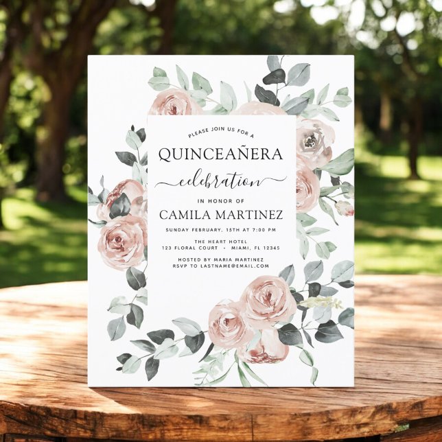 Budget Dusty Pink Quinceañera Floral Invitation Flyer (Creator Uploaded)