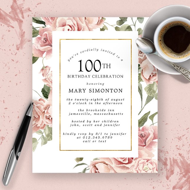 Budget Dusty Pink Rose 100th Birthday Party Invite (Creator Uploaded)