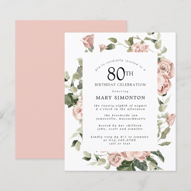 Budget Dusty Pink Rose 80th Birthday Party Invite (Front/Back)
