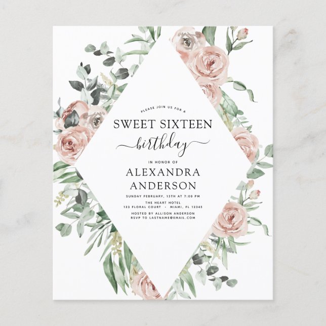 Budget Dusty Pink Sweet Sixteen Birthday Party Flyer (Front)