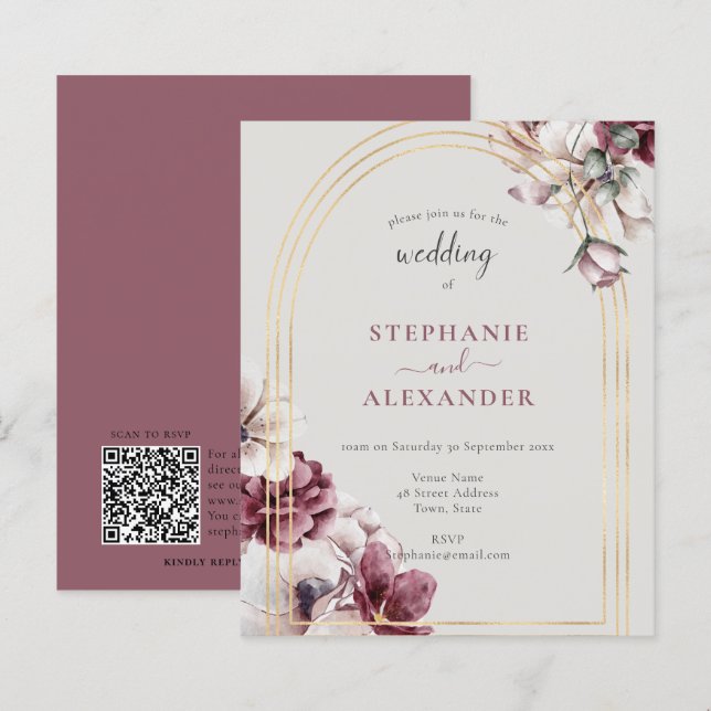 Budget Dusty Plum Floral Wedding QR Code Invite (Front/Back)