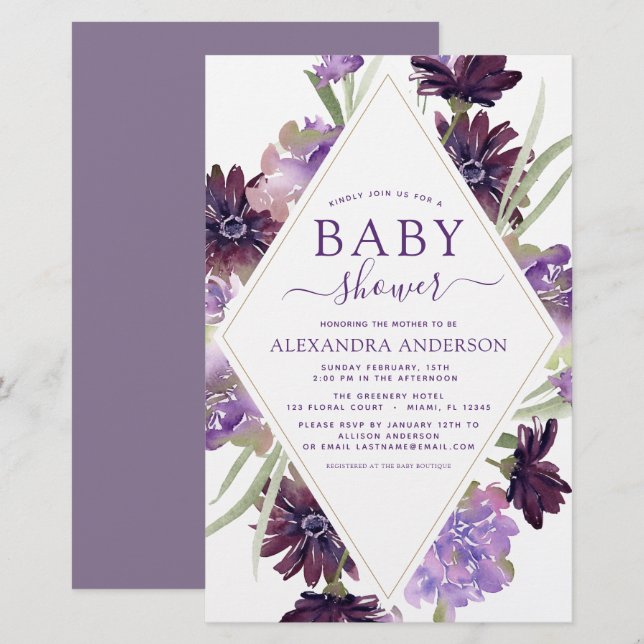 Budget Dusty Purple Floral Greenery Baby Shower (Front/Back)