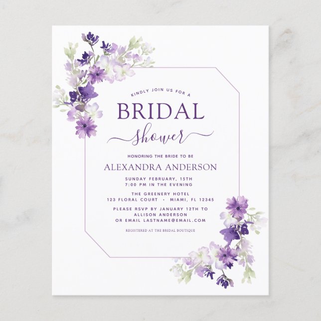 Budget Dusty Purple Floral Greenery Bridal Shower Flyer (Front)