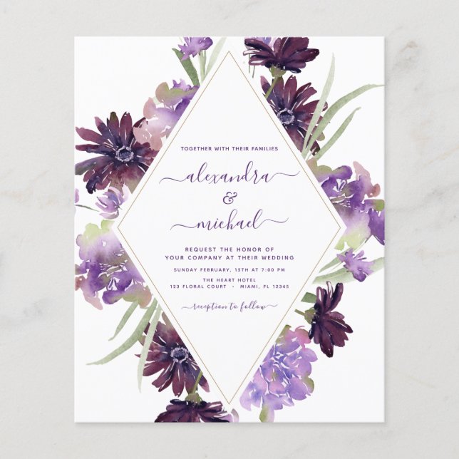 Budget Dusty Purple Wedding Floral Greenery Flyer (Front)
