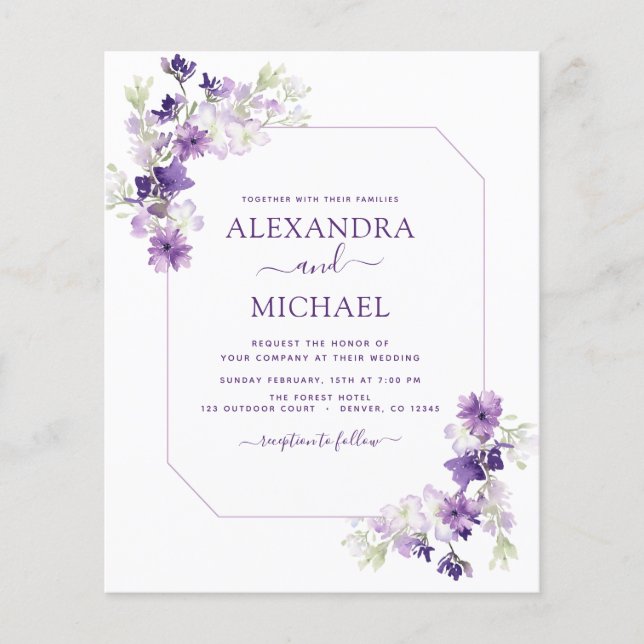 Budget Dusty Purple Wedding Floral Greenery Flyer (Front)