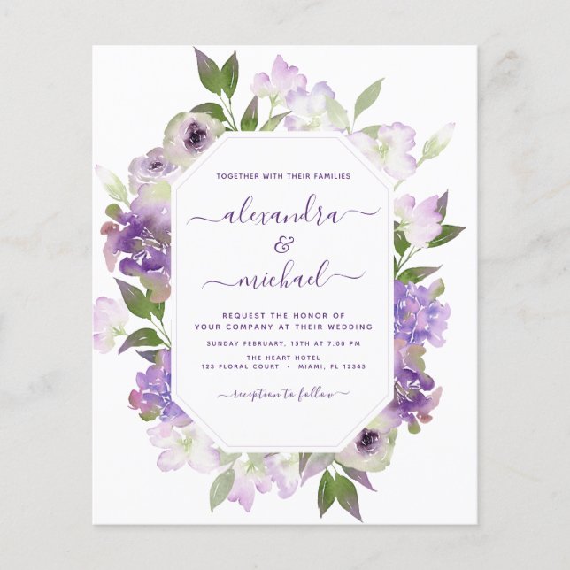 Budget Dusty Purple Wedding Floral Greenery Flyer (Front)