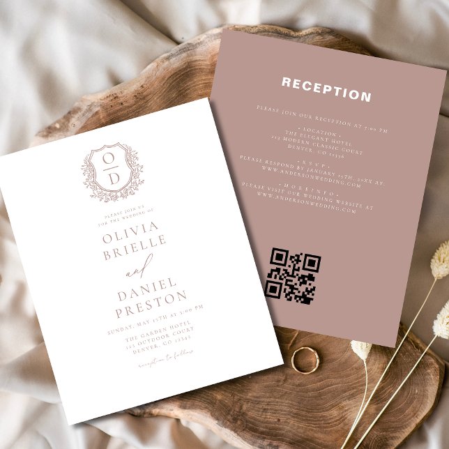 Budget Dusty Rose Crest Wedding QR Code Invitation (Creator Uploaded)
