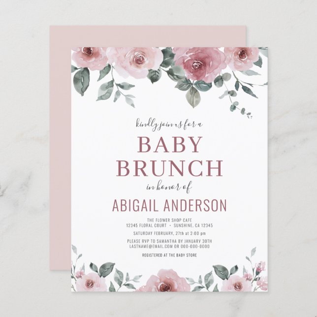 Budget Dusty Rose Floral Baby Brunch Invitation  (Front/Back)