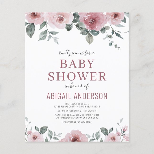 Budget Dusty Rose Floral Baby Shower Invitation  Flyer (Front)