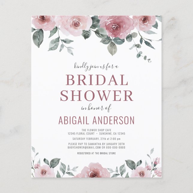 Budget Dusty Rose Floral Bridal Shower Invitation  Flyer (Front)