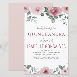 Budget Dusty Rose Floral QUINCEAÑERA Invitation