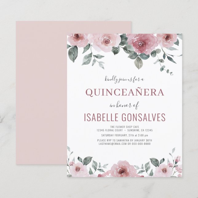 Budget Dusty Rose Floral QUINCEAÑERA Invitation  (Front/Back)