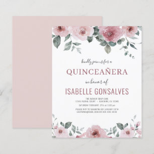 Budget Dusty Rose Floral QUINCEAÑERA Invitation