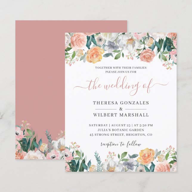 Budget Dusty Rose Floral Wedding Invitation (Front/Back)