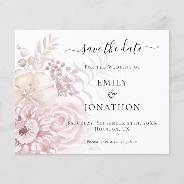 Budget Dusty Rose Florals QR Code Save the Date  (Front)