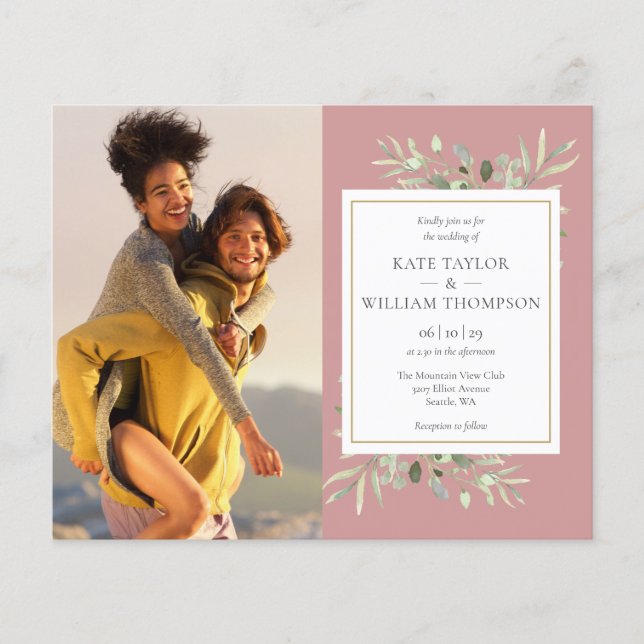 Budget Dusty Rose Greenery Photo Wedding Invite (Front)
