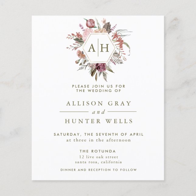 Budget Dusty Rose Monogram Wedding Invitation (Front)