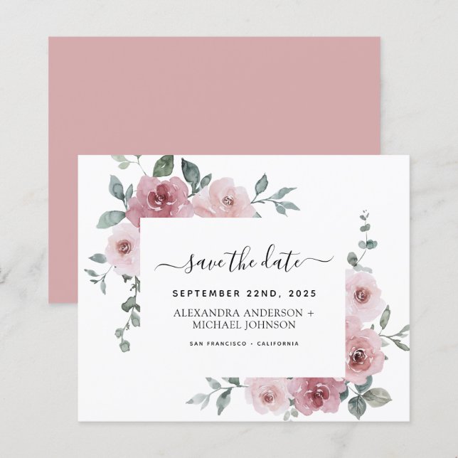 Budget Dusty Rose Save the Date Pink Floral (Front/Back)