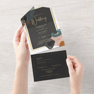 BUDGET Earth Tones Abstract Wedding All In One Invitation