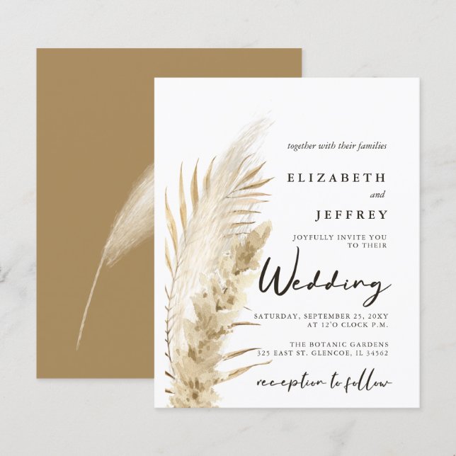 Budget Earthy Boho Pampas Wedding Invitation (Front/Back)