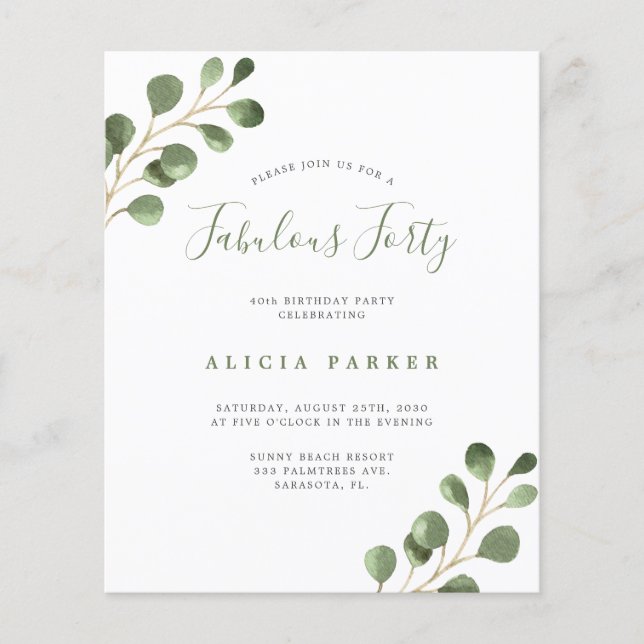 Budget elegant 40 years birthday party invitation (Front)