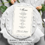 Budget elegant black cream ivory wedding menu<br><div class="desc">Simple stylish vintage handwritten calligraphy script minimalist budget affordable wedding menu template paper flyer. Easy to personalize with your details! PLEASE READ THIS BEFORE PURCHASING: This is a budget affordable card printed on a FLYER (advertising type of paper suitable for folded mailings). Please note that BUDGET PAPER IS THIN -...</div>