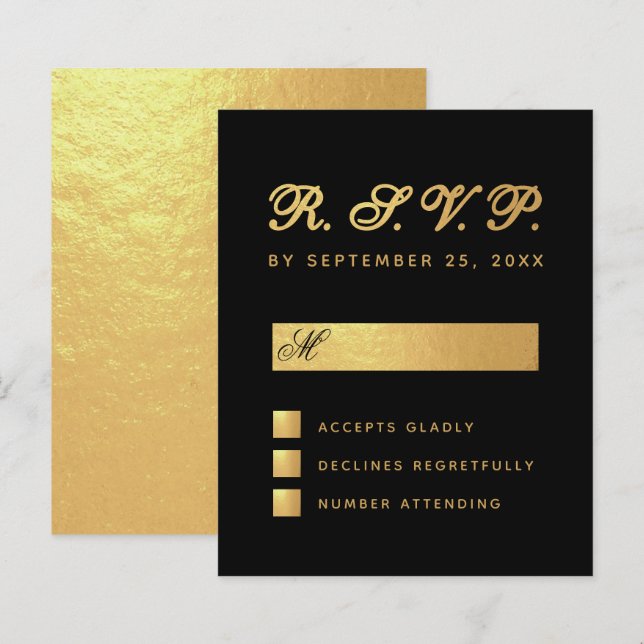 Budget Elegant Black Faux Gold Script Wedding RSVP (Front/Back)