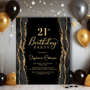 Budget Elegant Black Gold 21st Birthday Invitation