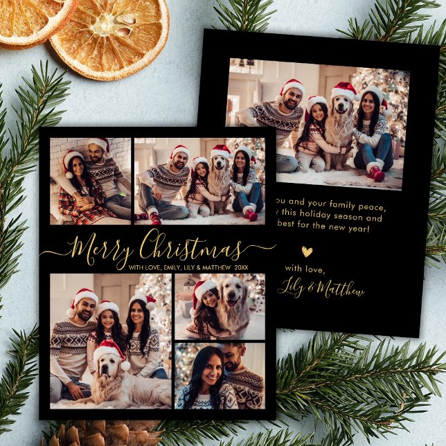 Budget Elegant Black Gold 5 Photo Carte de Noël (Créateur téléchargé)