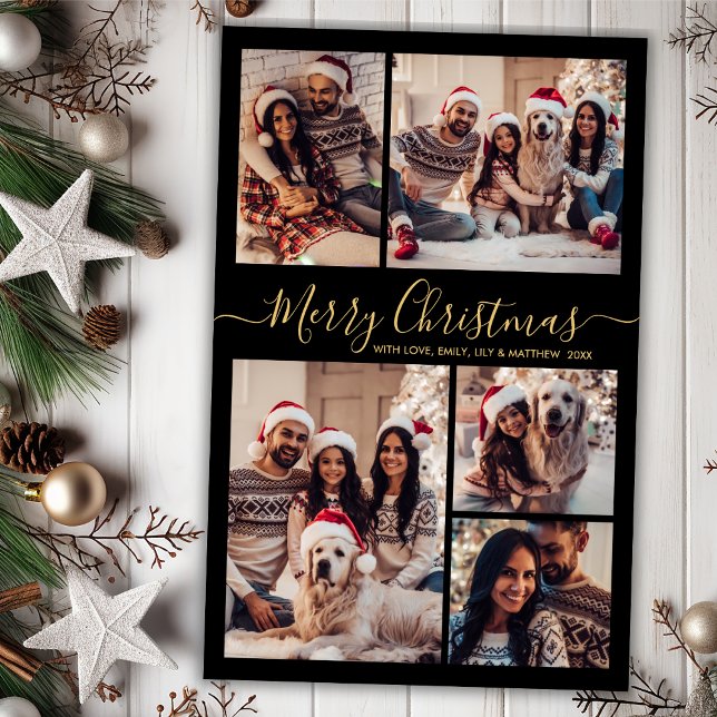 Budget Elegant Black Gold 5 Photo Christmas Card (Creator Uploaded)