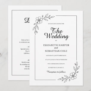 Budget Elegant Black White Floral Border Wedding  Invitation