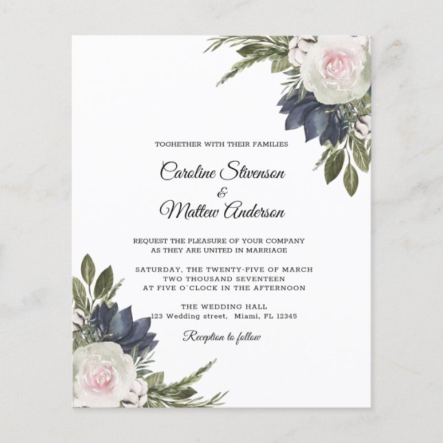 Budget Elegant Blue Floral Wedding Flyer (Front)
