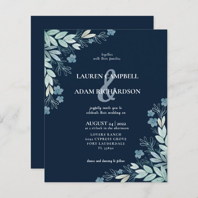 Budget Elegant  Blue Foliage Wedding Invitation (Front/Back)