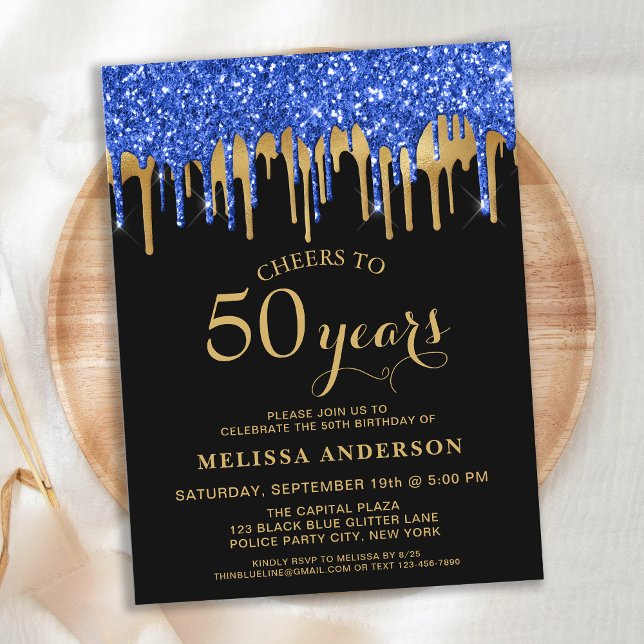 Budget Elegant Blue Gold Black Glitter 50 Birthday (Creator Uploaded)