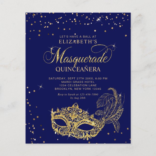 BUDGET Elegant Blue Gold Masquerade Quinceañera (Front)