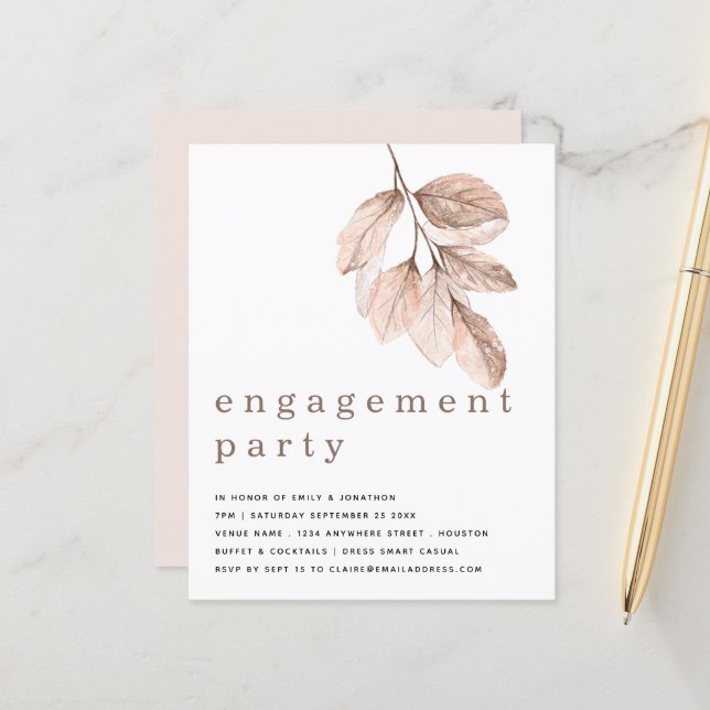 Budget Elegant Blush Leaf Engagement Party Invite (Front/Back In Situ)